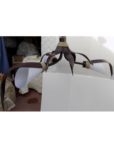 Lampadario in Cocco nero e carta di riso bianca a tre luci cm 110x50 bambù luce