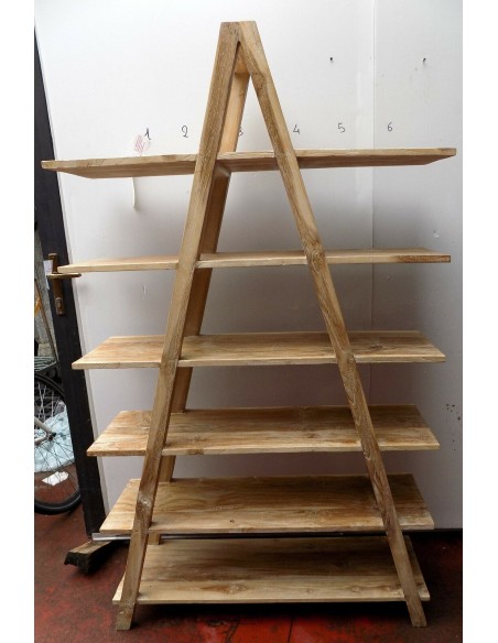 Libreria in legno di teak massello ad "A" color bianco decapato cm 170hx100x30