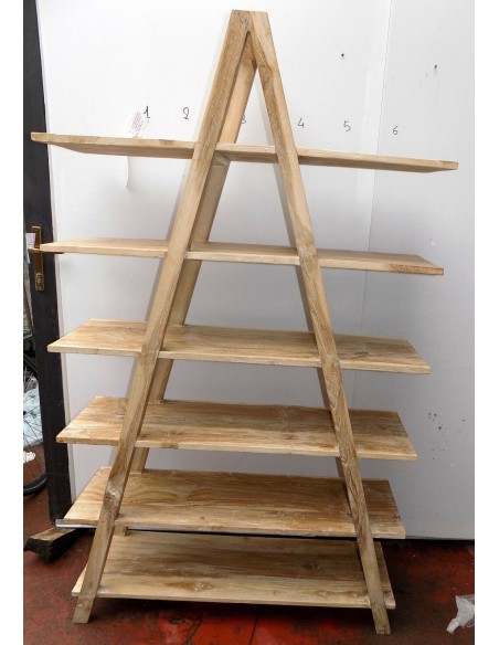 Libreria in legno di teak massello ad "A" color bianco decapato cm 170hx100x30