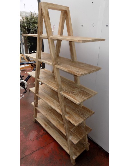 Libreria in legno di teak massello ad "A" color bianco decapato cm 170hx100x30