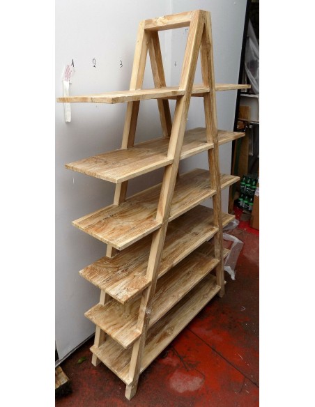 Libreria in legno di teak massello ad "A" color bianco decapato cm 170hx100x30