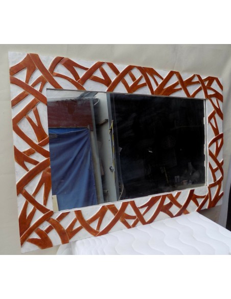 Specchio in legno intarsiato stagionato cm 120x80 bianco marrone spirali rilievo