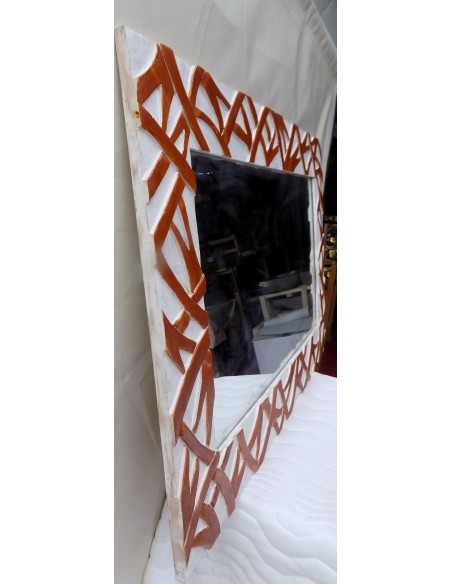 Specchio in legno intarsiato stagionato cm 120x80 bianco marrone spirali rilievo