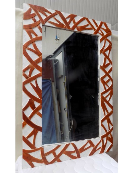 Specchio in legno intarsiato stagionato cm 120x80 bianco marrone spirali rilievo