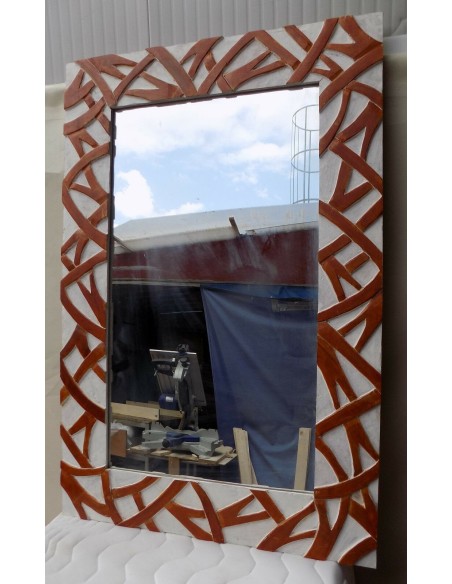 Specchio in legno intarsiato stagionato cm 120x80 bianco marrone spirali rilievo