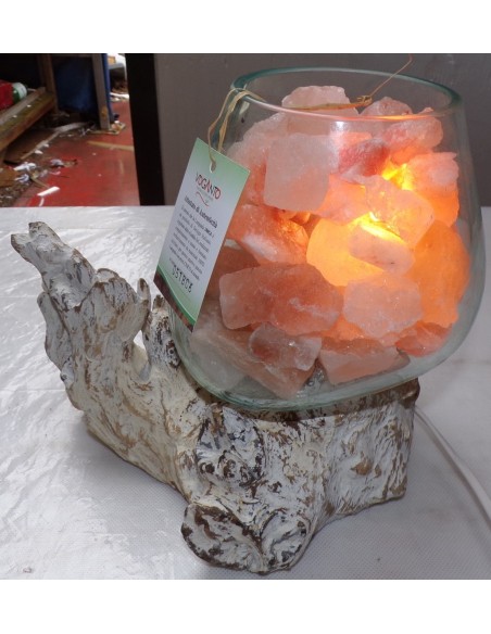 Lampada di sale irripetibile creata in vetro soffiato su legno bianco dec. salgemma Himalaya cm 25x20x22 n 806