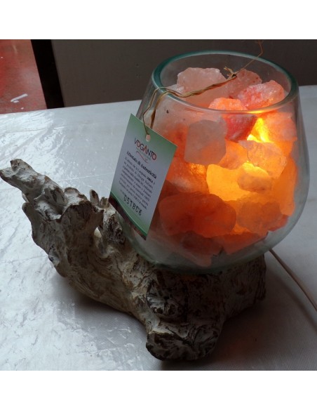 Lampada di sale irripetibile creata in vetro soffiato su legno bianco dec. salgemma Himalaya cm 25x20x22 n 806