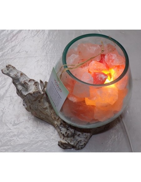Lampada di sale irripetibile creata in vetro soffiato su legno bianco dec. salgemma Himalaya cm 25x20x22 n 806