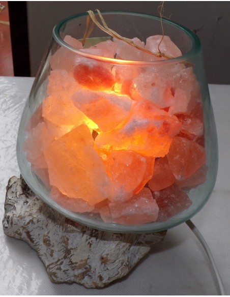 Lampada di sale irripetibile creata in vetro soffiato su legno bianco dec. salgemma Himalaya cm 25x20x22 n 806