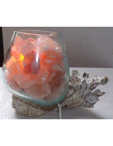 Lampada di sale irripetibile creata in vetro soffiato su legno bianco dec. salgemma Himalaya cm 25x20x22 n 806