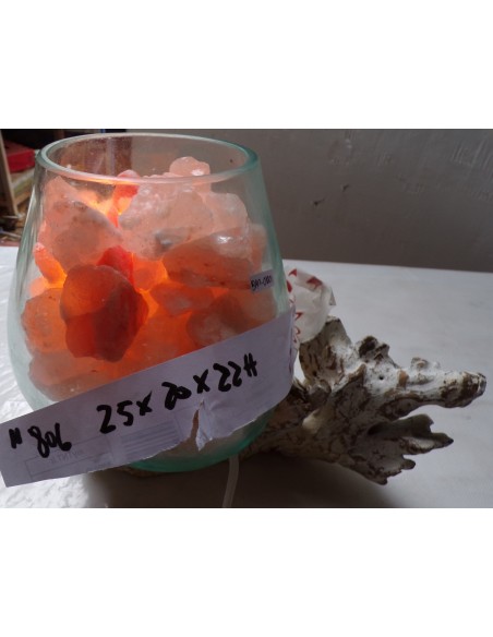 Lampada di sale irripetibile creata in vetro soffiato su legno bianco dec. salgemma Himalaya cm 25x20x22 n 806