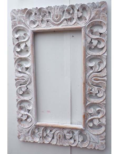 Cornice adatta per quadri o specchi barocco in legno intarsiato cm 120x80 di colore bianco decapato