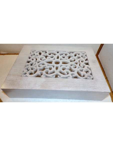 Scatola Portagioie o svuota tasche in legno mdf traforata bianco argento cm 35x25x7