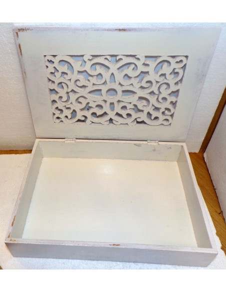 Scatola Portagioie o svuota tasche in legno mdf traforata bianco argento cm 35x25x7