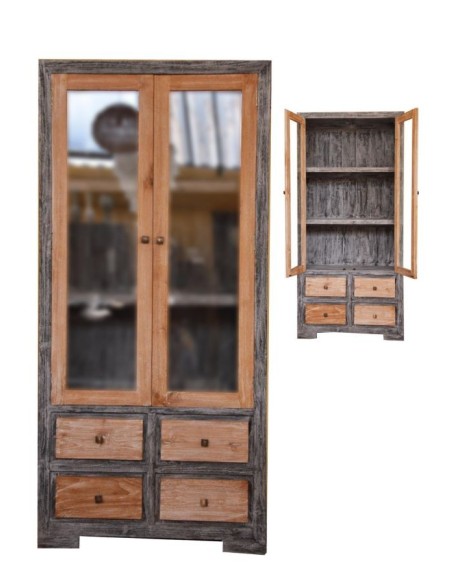 Vetrina in legno di teak bi color naturale e nero con cassetti e ante cm 90x45x180h