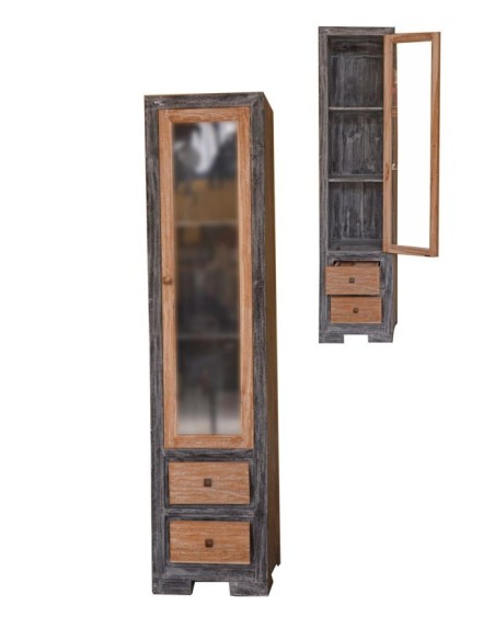 Vetrina vetrinetta in legno di teak bi color naturale e nero con cassetti e ante cm 45x40x1900h