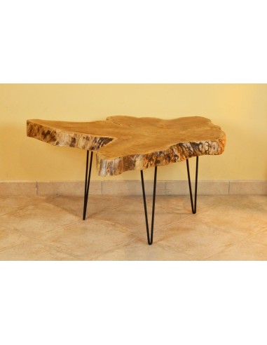 Tavolino da caffè o fumo in teak irregolare e gambe in ferro cm 70x70x45 h