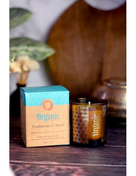 CANDELA ORGANIC Mirra IN CERA DI SOIA CON FRAMMENTI DI FRANKINCENSE & MIRRA GR 200