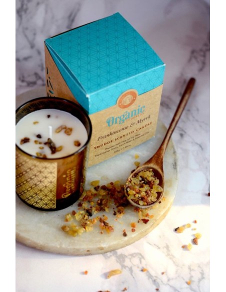 CANDELA ORGANIC Mirra IN CERA DI SOIA CON FRAMMENTI DI FRANKINCENSE & MIRRA GR 200