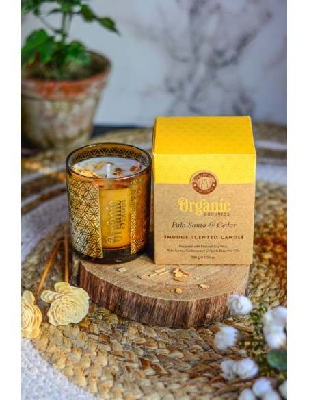 CANDELA PALO SANTO ORGANIC IN CERA DI SOIA CON FRAMMENTI DI PALO SANTO & CEDRO GR 200