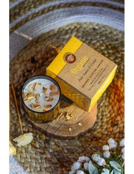 CANDELA PALO SANTO ORGANIC IN CERA DI SOIA CON FRAMMENTI DI PALO SANTO & CEDRO GR 200