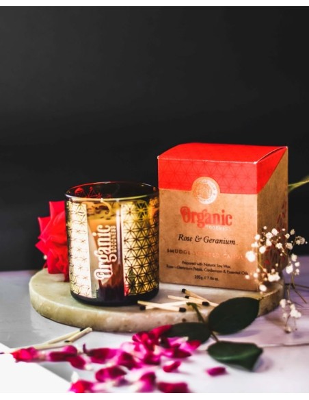 CANDELA ORGANIC ROSA IN CERA DI SOIA CON PETALI DI ROSA & GERANIO GR 200