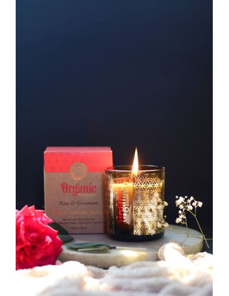 CANDELA ORGANIC ROSA IN CERA DI SOIA CON PETALI DI ROSA & GERANIO GR 200