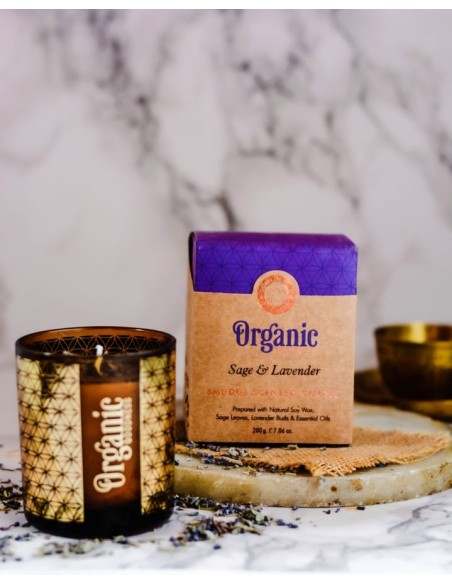 CANDELA ORGANIC LAVANDA IN CERA DI SOIA CON FOGLIE DI SALVIA & LAVANDA GR 200