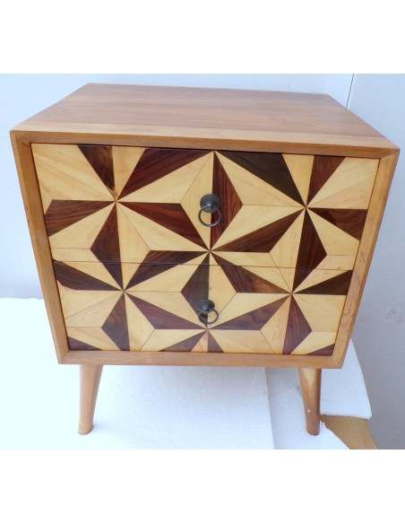 Comodino in Teak massello Industrial cm 50x40x60h n° 2 cassetti intarsiati vintage 70°