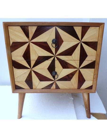 Comodino in Teak massello Industrial cm 50x40x60h n° 2 cassetti intarsiati vintage 70°