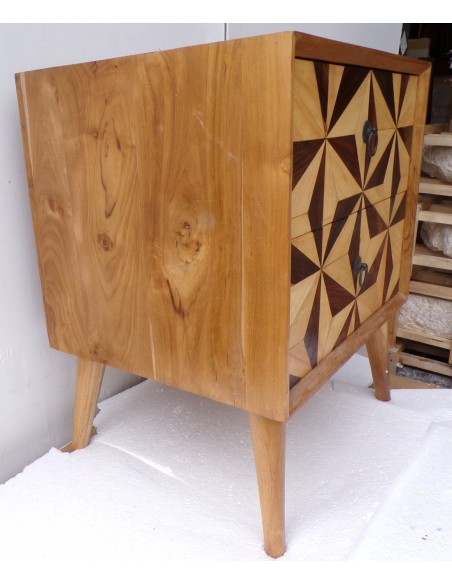 Comodino in Teak massello Industrial cm 50x40x60h n° 2 cassetti intarsiati vintage 70°