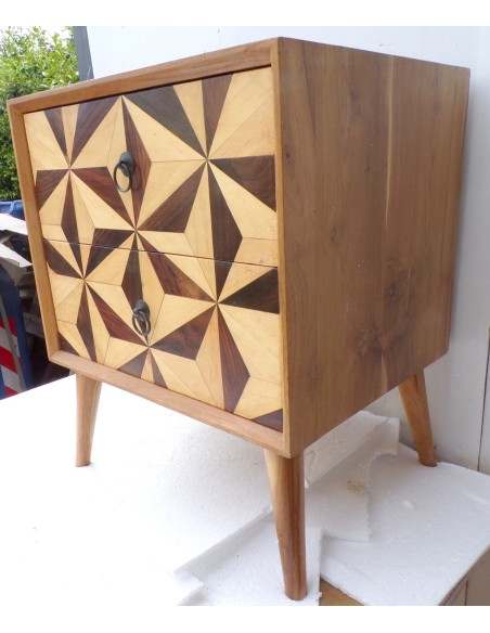 Comodino in Teak massello Industrial cm 50x40x60h n° 2 cassetti intarsiati vintage 70°