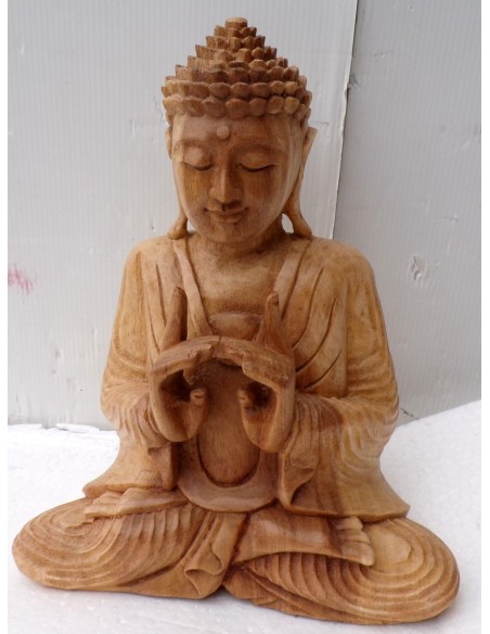 Statua di Buddha in legno massello suar Intarsiato a mano naturale cm 20x10x25h anticata