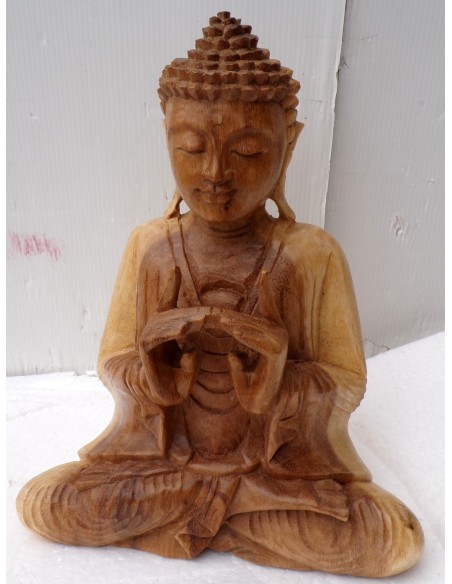 Statua di Buddha in legno massello suar Intarsiato a mano naturale cm 20x10x25h anticata