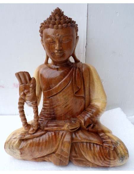 Statua di Buddha in legno massello suar Intarsiato a mano naturale cm 25x12x30h con rosario