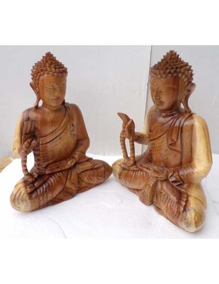 Statua di Buddha in legno massello suar Intarsiato a mano naturale cm 25x12x30h con rosario
