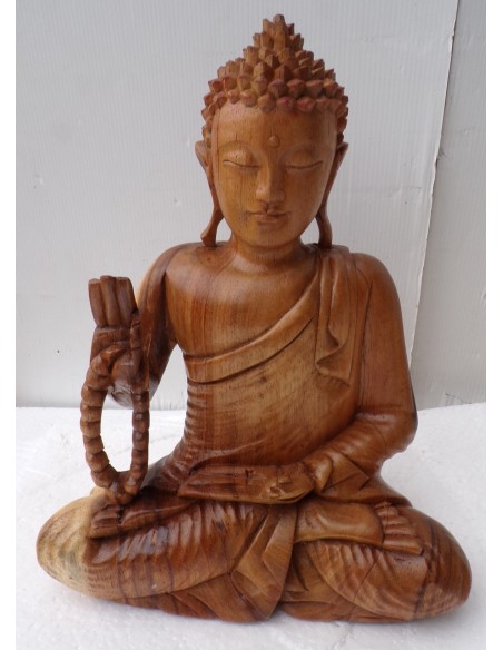 Statua di Buddha in legno massello suar Intarsiato a mano naturale cm 25x12x30h con rosario