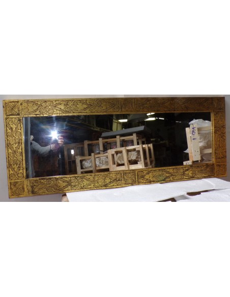 Specchio in legno intarsiato segni tribali cm 138x53 oro nero anticato da parete