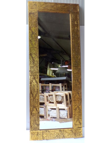 Specchio in legno intarsiato segni tribali cm 138x53 oro nero anticato da parete