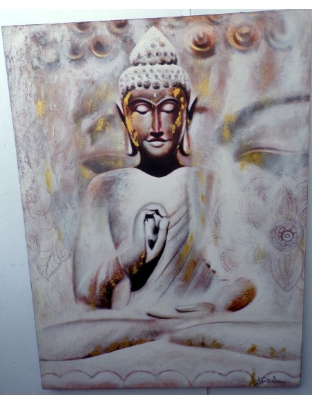 Quadro dipinto Buddha cm 120x90 testata letto viso Budda bianco oro