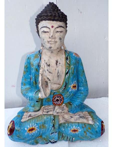 Statua di Buddha in legno massello suar Intarsiato e dipinta a mano cm 31x15x40h anticata