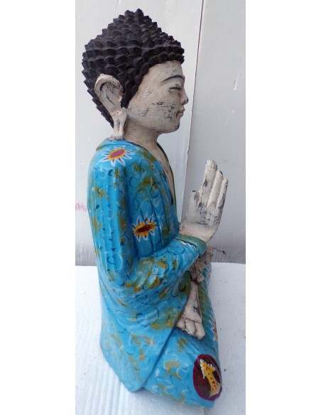Statua di Buddha in legno massello suar Intarsiato e dipinta a mano cm 31x15x40h anticata
