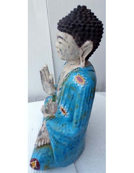 Statua di Buddha in legno massello suar Intarsiato e dipinta a mano cm 31x15x40h anticata