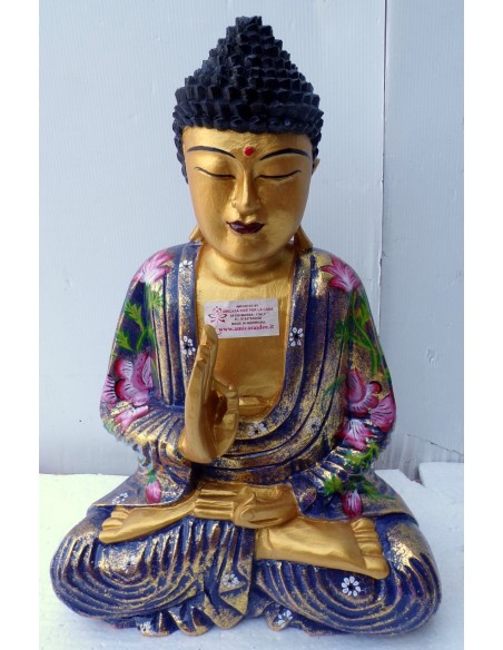 Statua di Buddha in legno massello suar Intarsiato e dipinta a mano cm 28x13x41h anticata