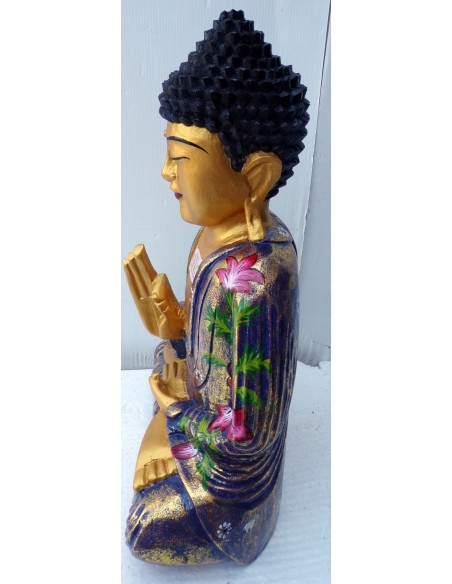 Statua di Buddha in legno massello suar Intarsiato e dipinta a mano cm 28x13x41h anticata