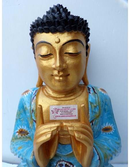 Statua di Buddha in legno massello suar Intarsiato e dipinta a mano cm 36x16x41 h anticata