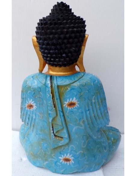 Statua di Buddha in legno massello suar Intarsiato e dipinta a mano cm 36x16x41 h anticata