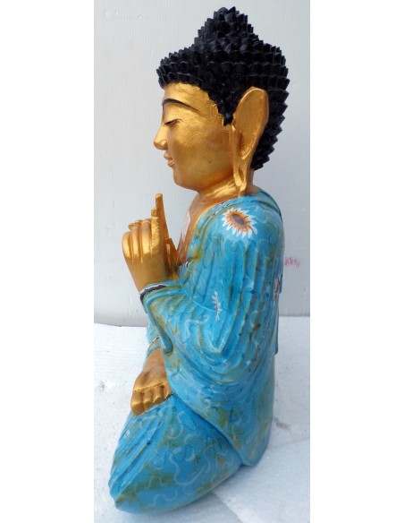 Statua di Buddha in legno massello suar Intarsiato e dipinta a mano cm 36x16x41 h anticata