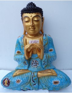 Statua di Buddha in legno massello suar Intarsiato e...