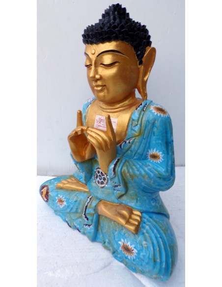 Statua di Buddha in legno massello suar Intarsiato e dipinta a mano cm 36x16x41 h anticata